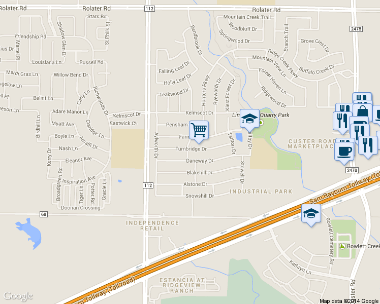 map of restaurants, bars, coffee shops, grocery stores, and more near 14811 Turnbridge Dr in Frisco