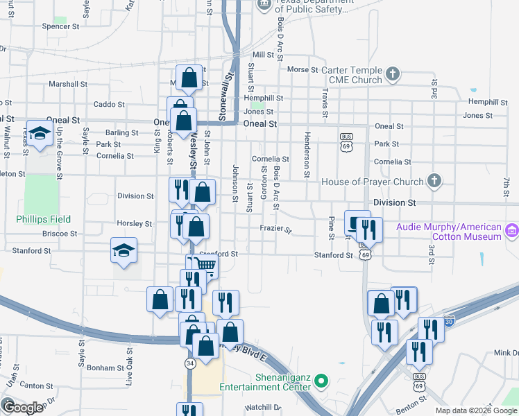 map of restaurants, bars, coffee shops, grocery stores, and more near 4102 Gordon Street in Greenville
