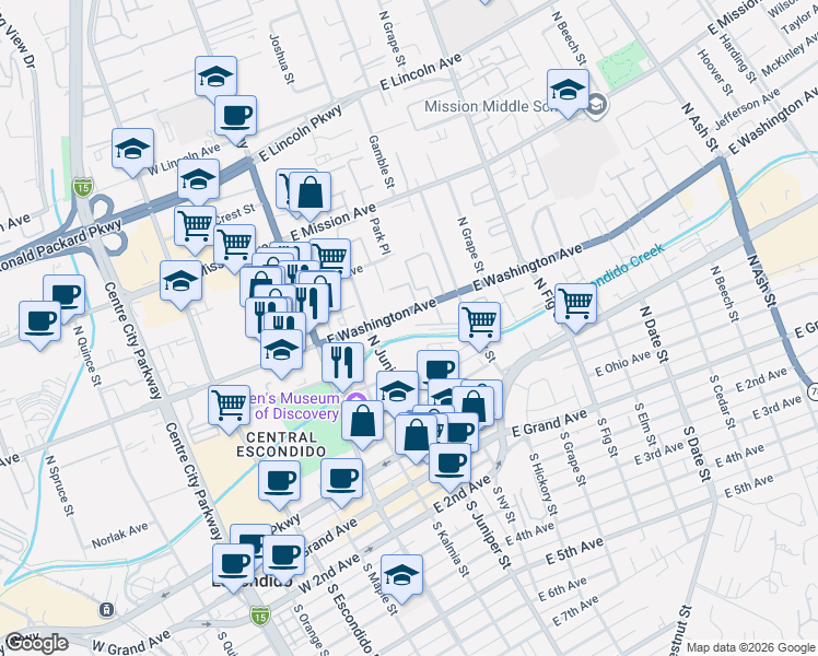 map of restaurants, bars, coffee shops, grocery stores, and more near 315 East Washington Avenue in Escondido