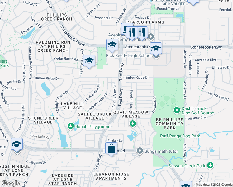 map of restaurants, bars, coffee shops, grocery stores, and more near 5878 Country View Lane in Frisco