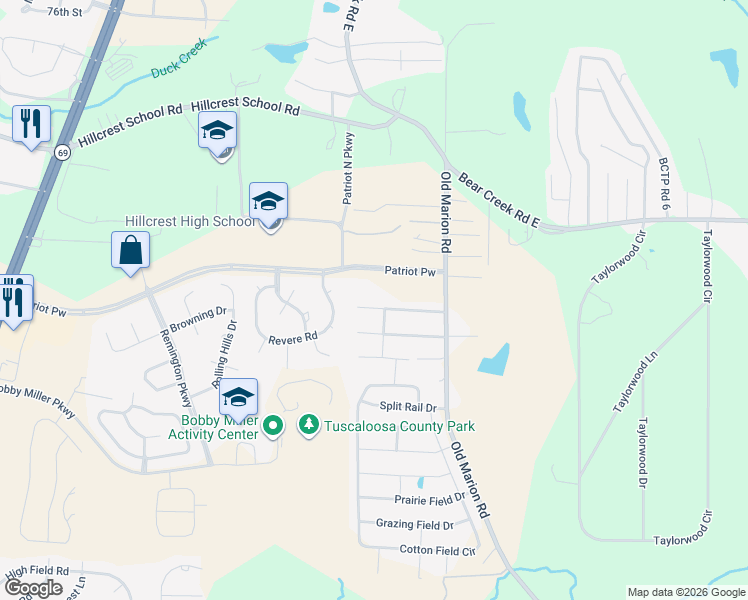 map of restaurants, bars, coffee shops, grocery stores, and more near 156 Roscommon Road in Tuscaloosa