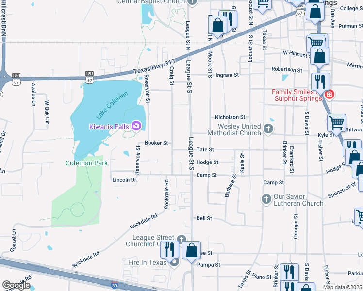 map of restaurants, bars, coffee shops, grocery stores, and more near 931 Tate Street in Sulphur Springs