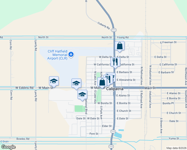map of restaurants, bars, coffee shops, grocery stores, and more near 228 North Lake Avenue in Calipatria