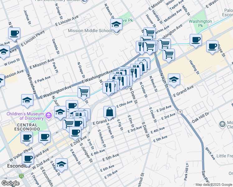 map of restaurants, bars, coffee shops, grocery stores, and more near 713 Valley Parkway in Escondido