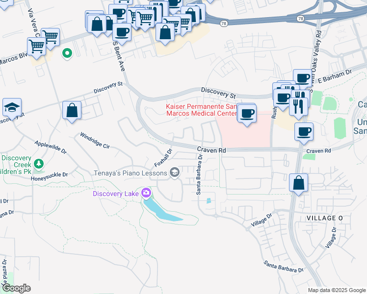 map of restaurants, bars, coffee shops, grocery stores, and more near 412 Craven Road in San Marcos