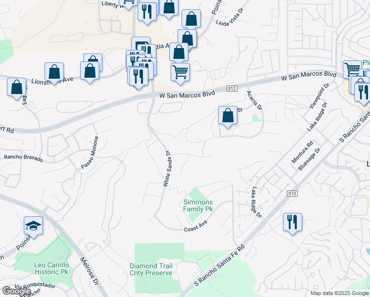 map of restaurants, bars, coffee shops, grocery stores, and more near 2122 Sun Valley Road in San Marcos
