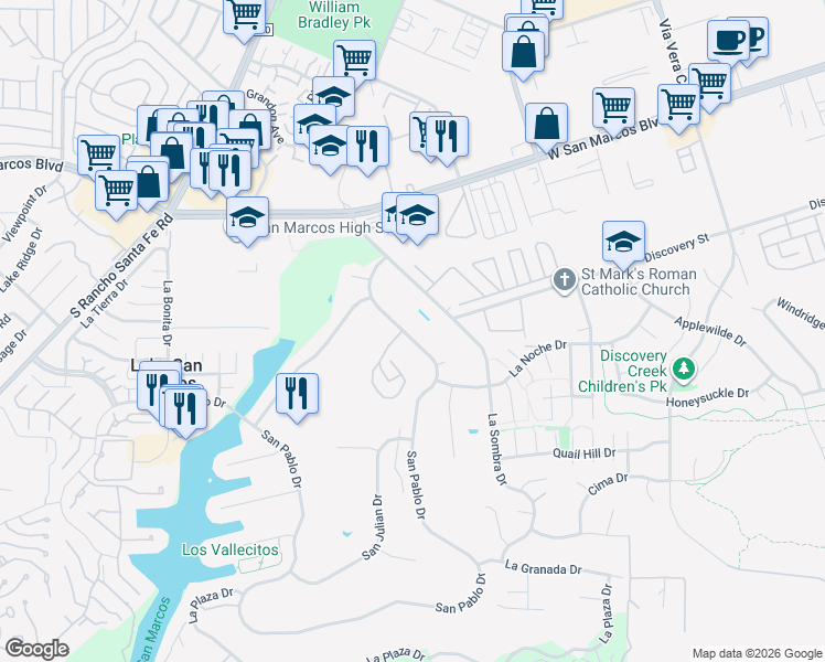 map of restaurants, bars, coffee shops, grocery stores, and more near 909 San Pablo Drive in San Marcos