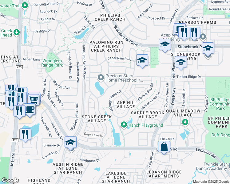 map of restaurants, bars, coffee shops, grocery stores, and more near 5875 Midnight Moon Drive in Frisco