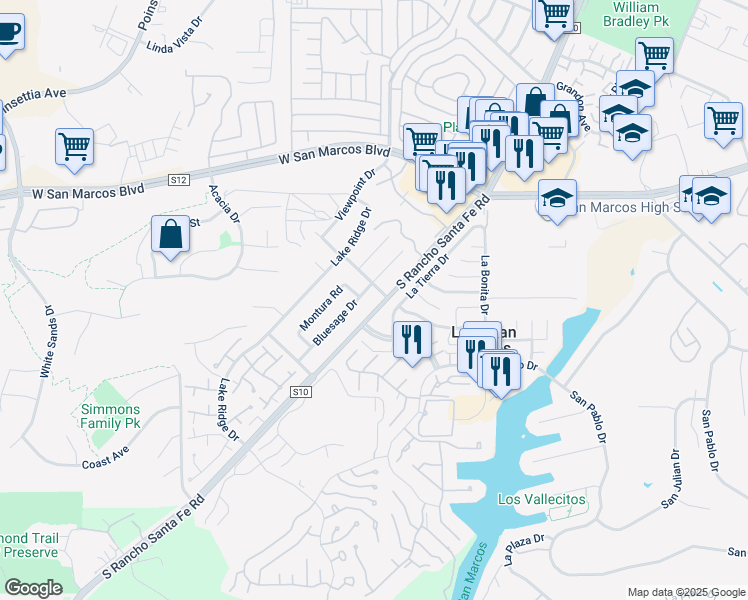 map of restaurants, bars, coffee shops, grocery stores, and more near 1012 South Rancho Santa Fe Road in San Marcos