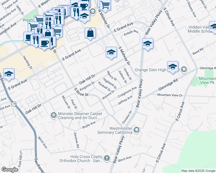 map of restaurants, bars, coffee shops, grocery stores, and more near 740 Kimball Street in Escondido