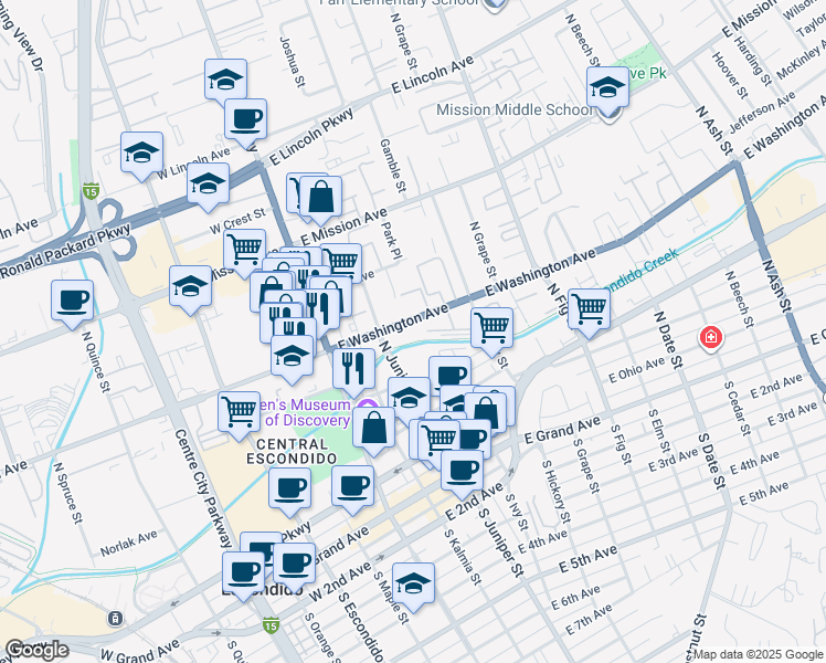 map of restaurants, bars, coffee shops, grocery stores, and more near 331 East Washington Avenue in Escondido