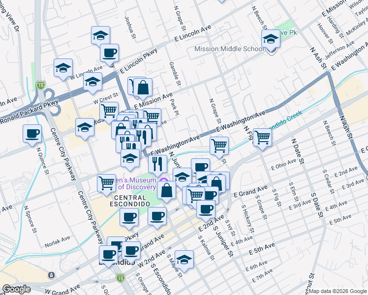 map of restaurants, bars, coffee shops, grocery stores, and more near 315 East Washington Avenue in Escondido