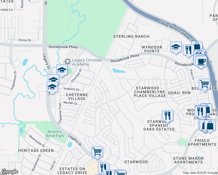 map of restaurants, bars, coffee shops, grocery stores, and more near 5980 Dripping Springs Drive in Frisco