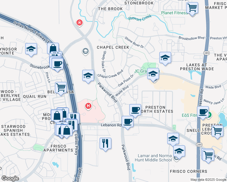 map of restaurants, bars, coffee shops, grocery stores, and more near 5803 Shady Oaks Drive in Frisco
