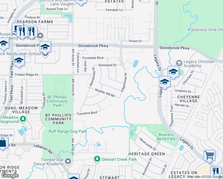 map of restaurants, bars, coffee shops, grocery stores, and more near 3945 Ladera Heights Boulevard in Frisco
