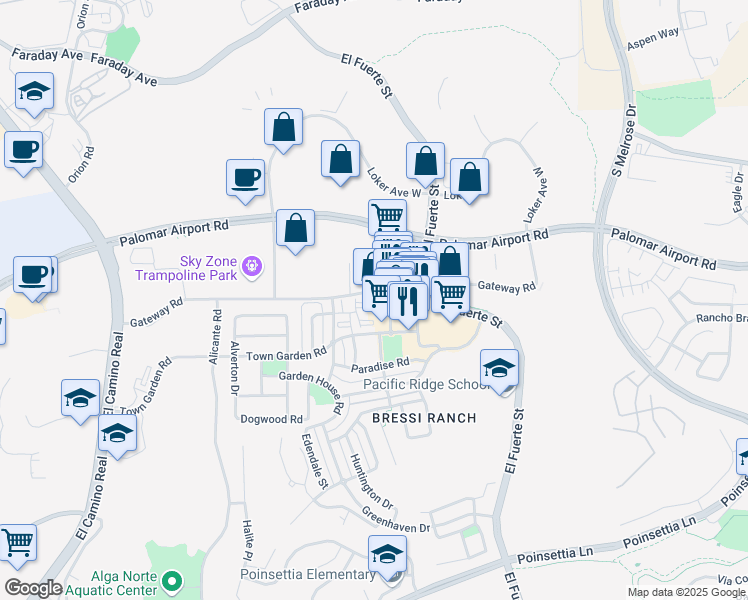 map of restaurants, bars, coffee shops, grocery stores, and more near 2623 Gateway Road in Carlsbad