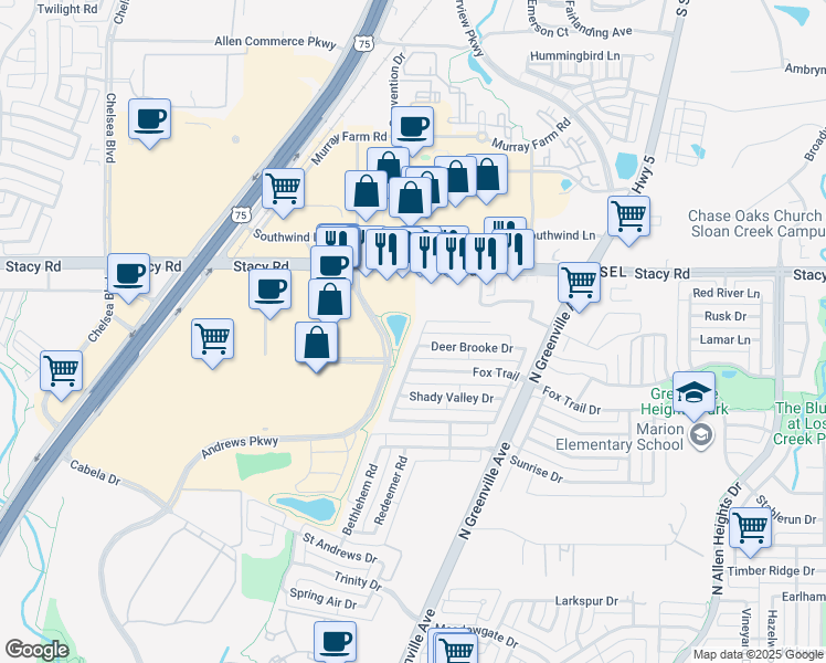map of restaurants, bars, coffee shops, grocery stores, and more near 1633 Wood Creek Lane in Allen