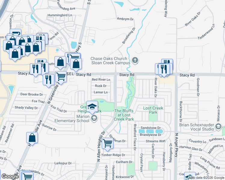 map of restaurants, bars, coffee shops, grocery stores, and more near 1720 Honey Creek Lane in Allen