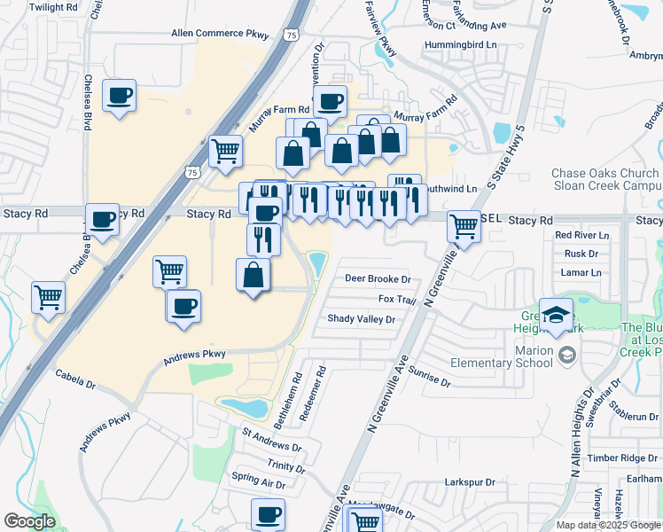 map of restaurants, bars, coffee shops, grocery stores, and more near 1633 Wood Creek Lane in Allen