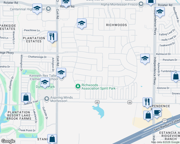 map of restaurants, bars, coffee shops, grocery stores, and more near 13473 Dolomite Drive in Frisco