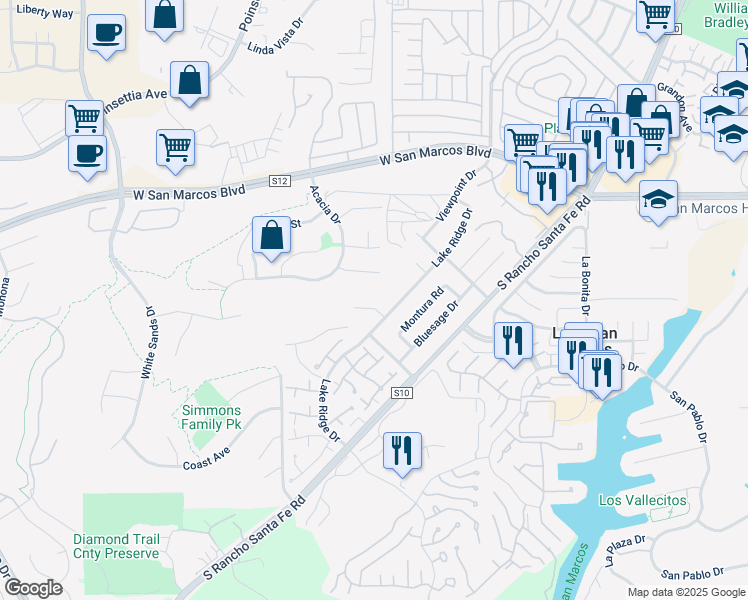 map of restaurants, bars, coffee shops, grocery stores, and more near 1820 Geneva Circle in San Marcos