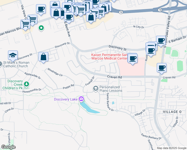 map of restaurants, bars, coffee shops, grocery stores, and more near 534 Foxhall Drive in San Marcos