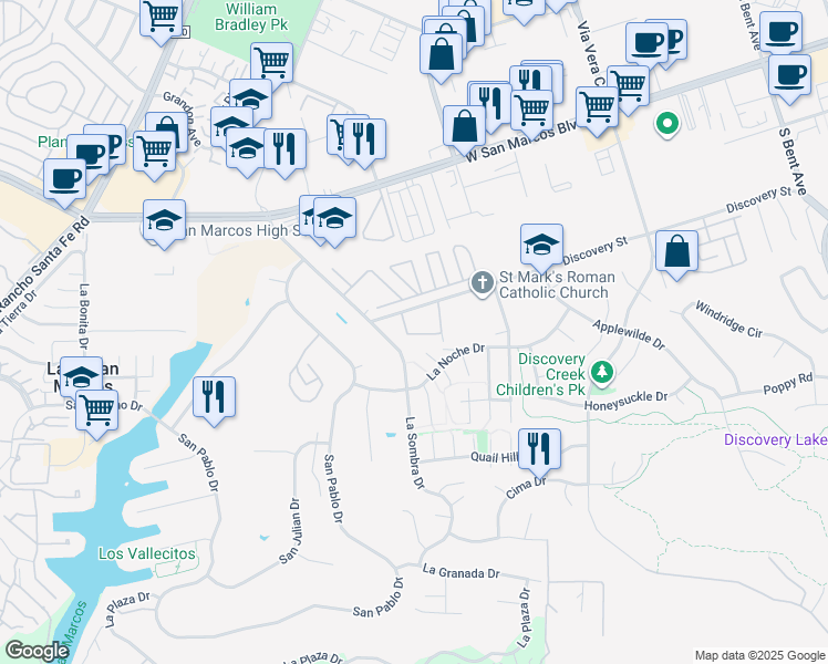 map of restaurants, bars, coffee shops, grocery stores, and more near 1261 Granada Way in San Marcos