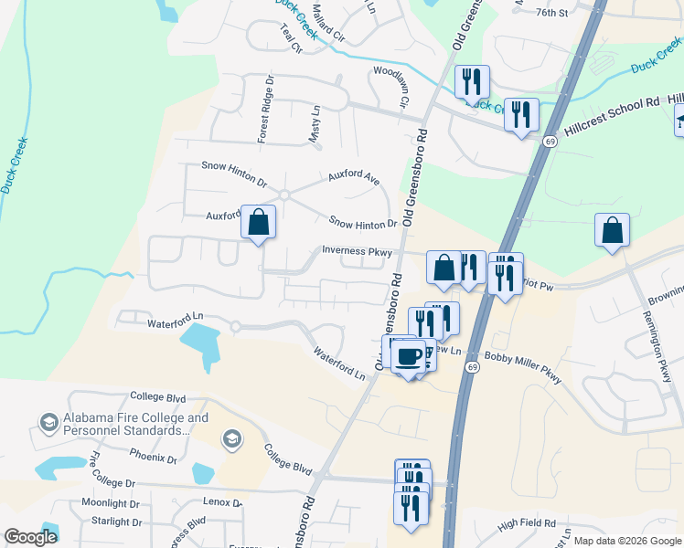 map of restaurants, bars, coffee shops, grocery stores, and more near 8767 Inverness Place in Tuscaloosa