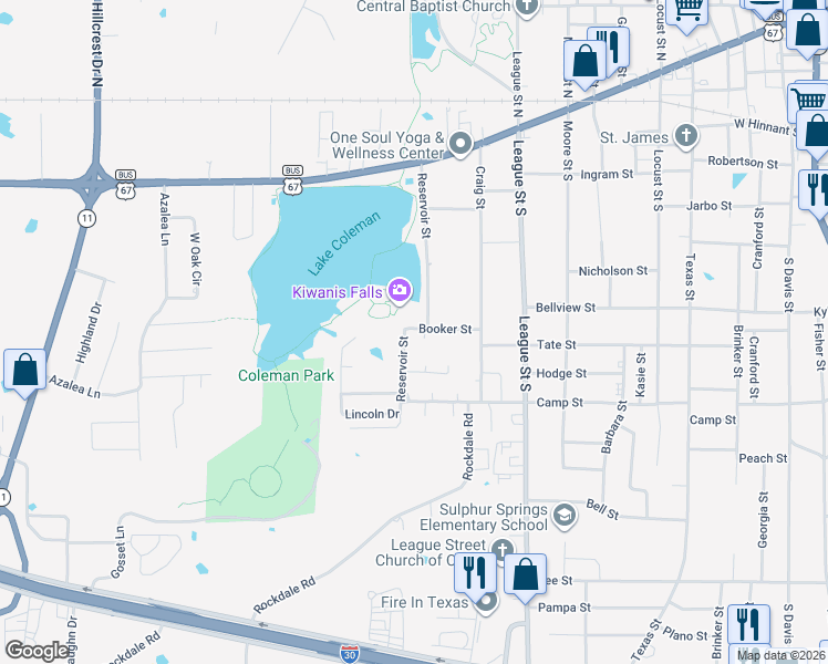map of restaurants, bars, coffee shops, grocery stores, and more near 902 Booker Street in Sulphur Springs