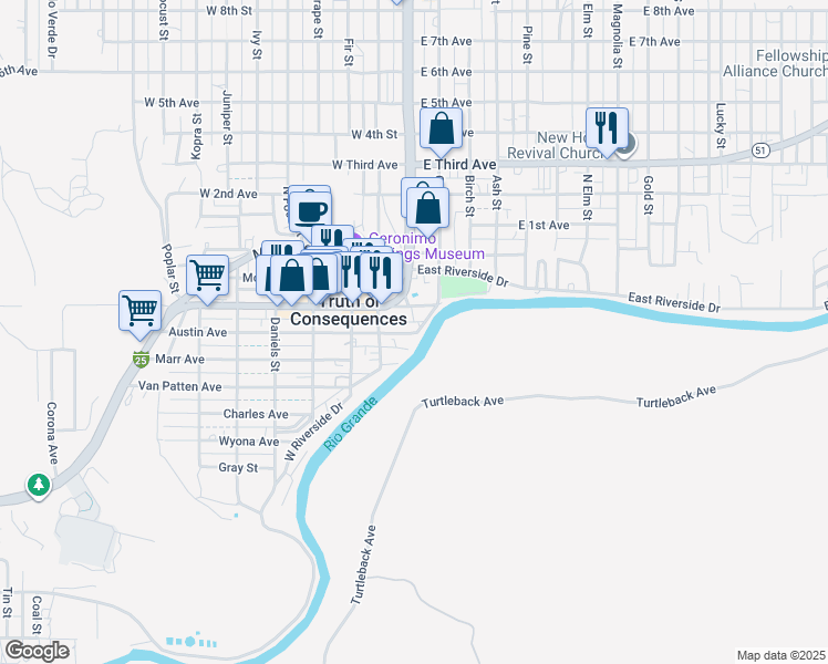 map of restaurants, bars, coffee shops, grocery stores, and more near 100 Austin St in Truth or Consequences