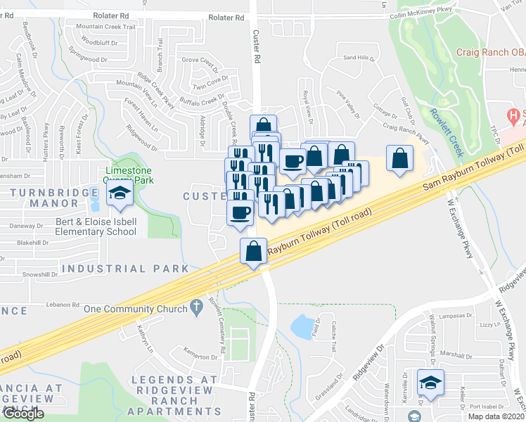 map of restaurants, bars, coffee shops, grocery stores, and more near 7675 South Custer Road in McKinney