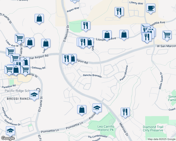 map of restaurants, bars, coffee shops, grocery stores, and more near 3046 Rancho Del Canon in Carlsbad