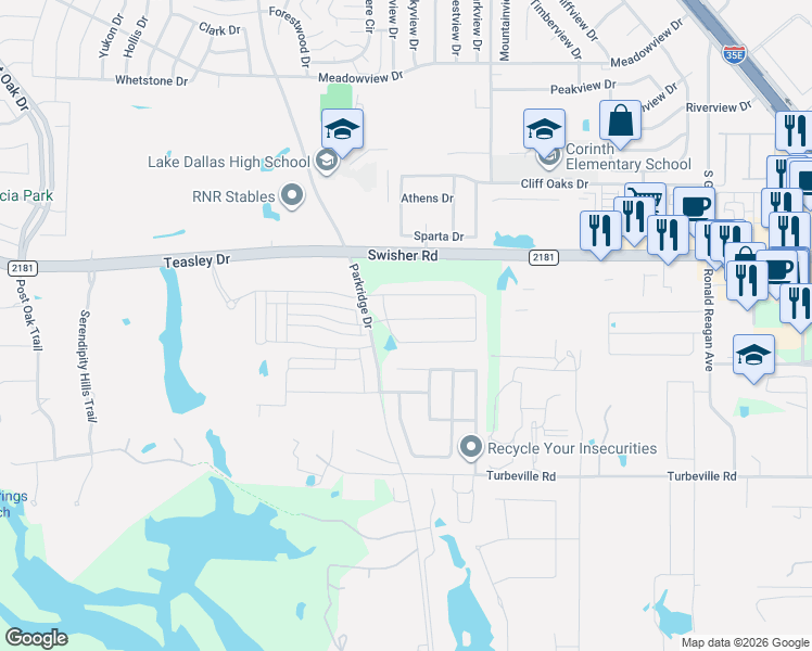 map of restaurants, bars, coffee shops, grocery stores, and more near 205 Derby Lane in Lake Dallas
