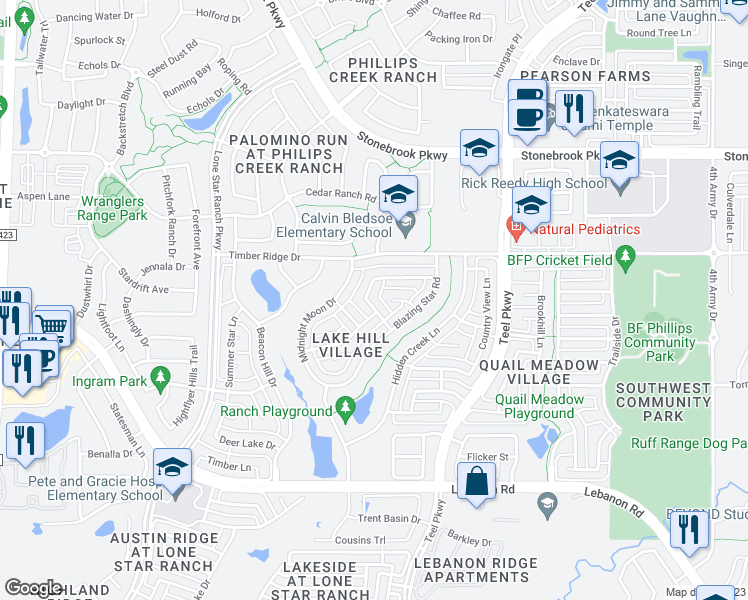 map of restaurants, bars, coffee shops, grocery stores, and more near 5876 Coral Ridge Court in Frisco