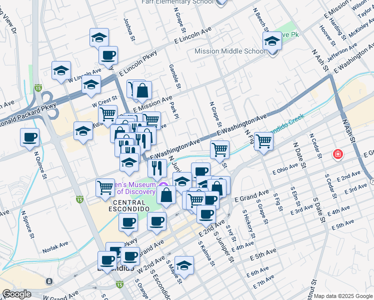 map of restaurants, bars, coffee shops, grocery stores, and more near 315 East Washington Avenue in Escondido
