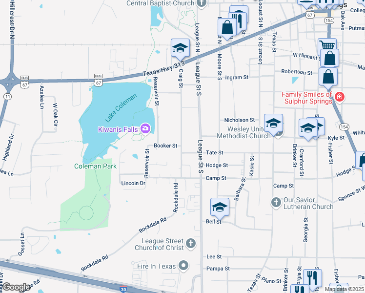map of restaurants, bars, coffee shops, grocery stores, and more near 931 Tate Street in Sulphur Springs