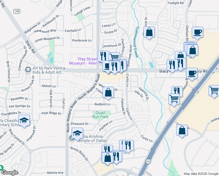 map of restaurants, bars, coffee shops, grocery stores, and more near 924 White River Drive in Allen