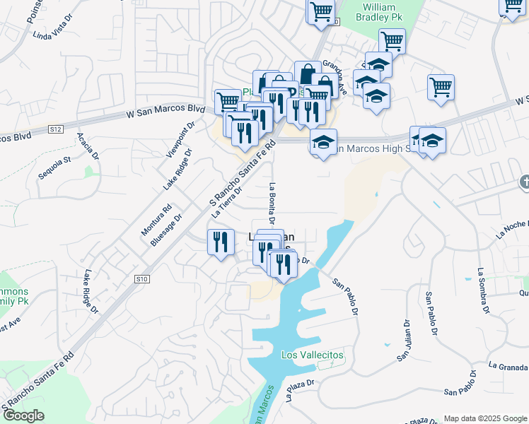 map of restaurants, bars, coffee shops, grocery stores, and more near 1615 La Tierra Lane in San Marcos