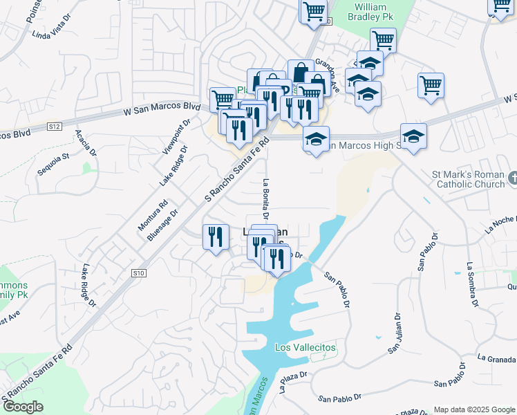 map of restaurants, bars, coffee shops, grocery stores, and more near 1615 La Tierra Lane in San Marcos