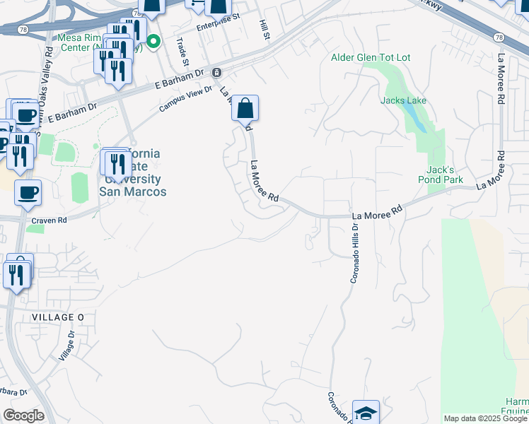 map of restaurants, bars, coffee shops, grocery stores, and more near 410 Camino Hermoso in San Marcos