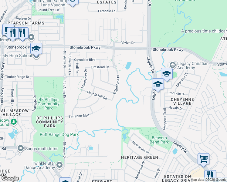 map of restaurants, bars, coffee shops, grocery stores, and more near 4088 Ladera Heights Boulevard in Frisco