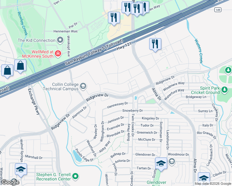 map of restaurants, bars, coffee shops, grocery stores, and more near 1542 Dulwich Drive in Allen