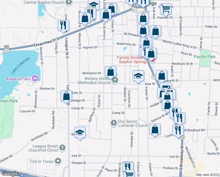 map of restaurants, bars, coffee shops, grocery stores, and more near 619 Texas Street in Sulphur Springs