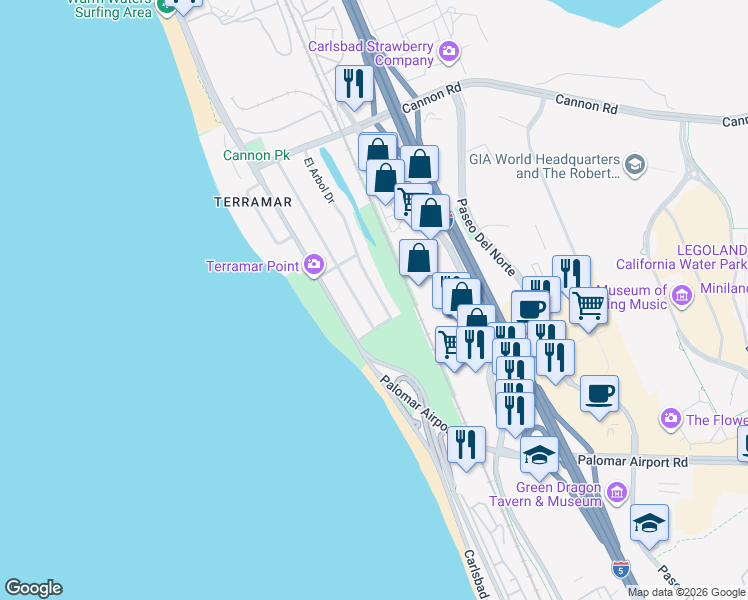 map of restaurants, bars, coffee shops, grocery stores, and more near 5515 El Arbol Drive in Carlsbad