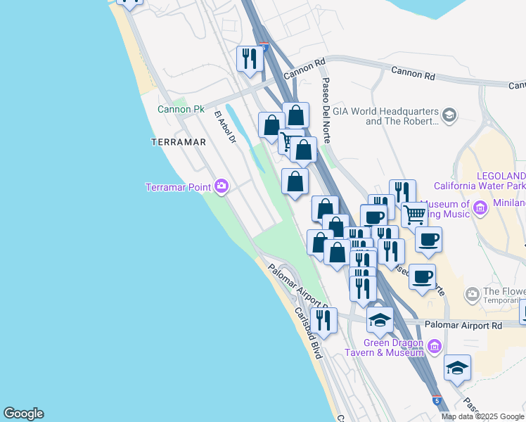 map of restaurants, bars, coffee shops, grocery stores, and more near 5495 El Arbol Drive in Carlsbad