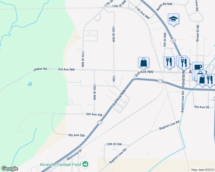map of restaurants, bars, coffee shops, grocery stores, and more near 1st Avenue Southwest in Aliceville
