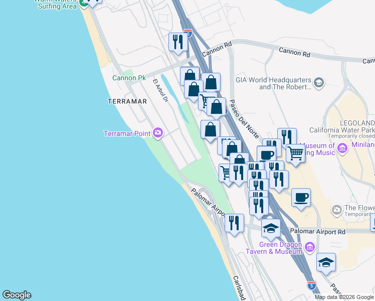 map of restaurants, bars, coffee shops, grocery stores, and more near 5495 El Arbol Drive in Carlsbad
