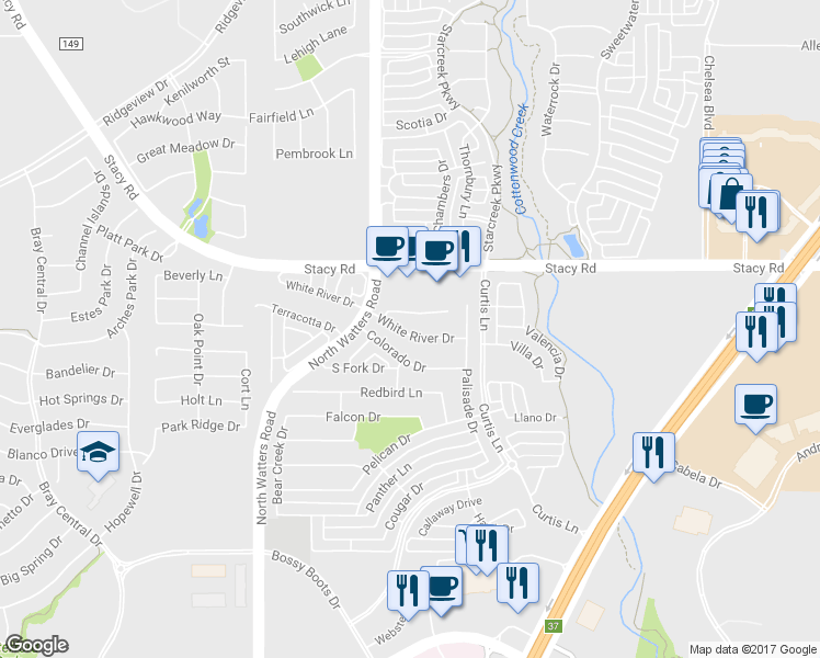 map of restaurants, bars, coffee shops, grocery stores, and more near 924 White River Drive in Allen