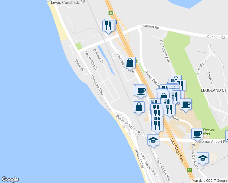 map of restaurants, bars, coffee shops, grocery stores, and more near 5515 El Arbol Drive in Carlsbad