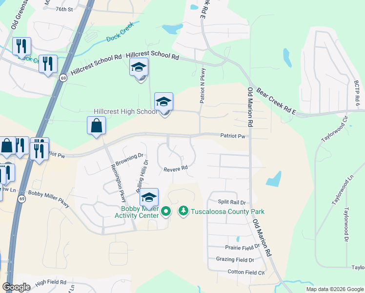 map of restaurants, bars, coffee shops, grocery stores, and more near 230 Revere Road in Tuscaloosa